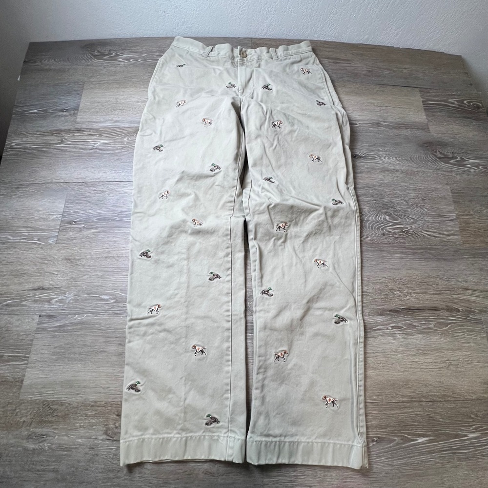 J.Crew Chino Pants Mens 29x29 Khaki Embroidered Dog Duck Critter Preppy Trousers